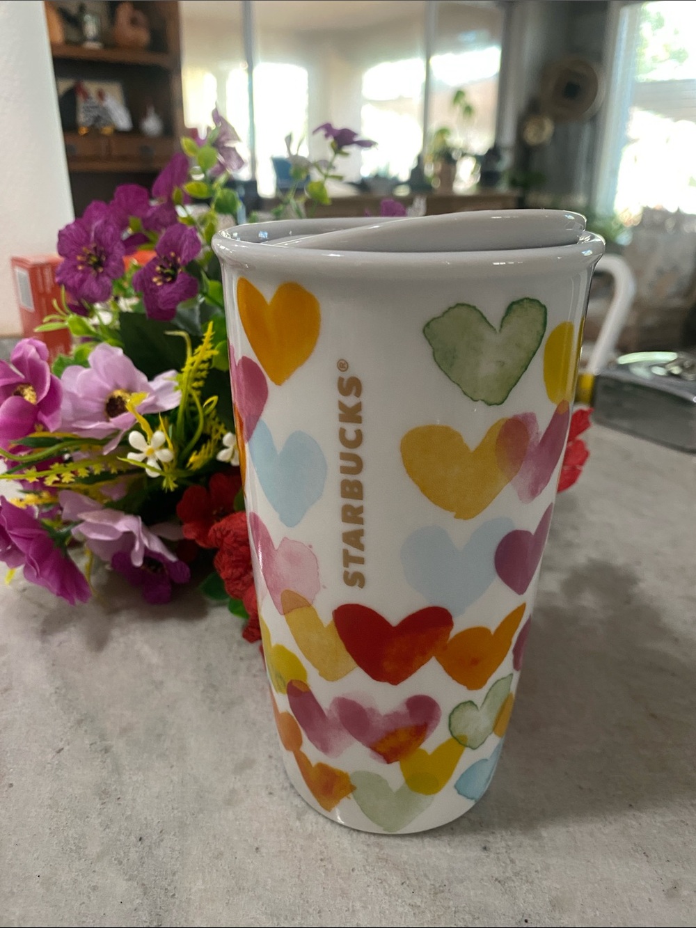 2015 Starbucks Watercolor Hearts 10oz Mug Ceramic Tumbler Coffee Cup w/ lid